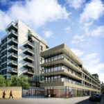 A mock-up of Central Square EC1 shows a larger building tower next to a smaller one surrounded by streets, hedge greenery, and people walking by.